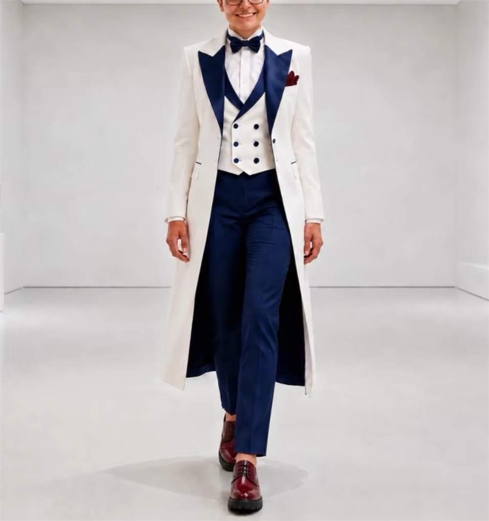 Formal Women'S Wear - Marineblauw-wit damespak, elegant, op maat gemaakt,